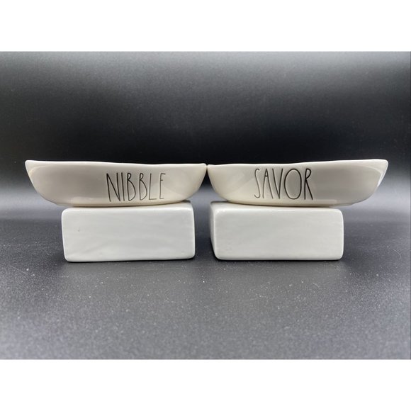Rae Dunn SIP NIBBLE & SAVOR Ivory Oval Ceramic Small Pet Food Bowl Set  6.5" ea. - Picture 1 of 6
